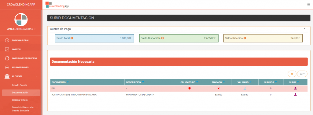 Documentación necesaria - Crowdlending App