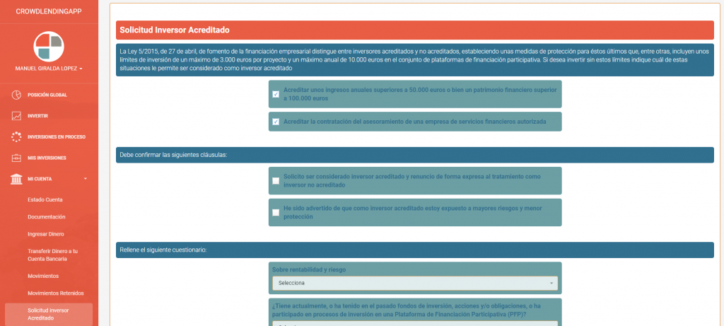 Solicitud Inversor Acreditado - Crowdlending App